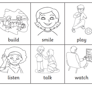 Vstavi manjkajoče besede. Uporabi EAT, SMILE, BUILD, TALK, CRY, WATCH, LISTEN, SLEEP, READ in PLAY.